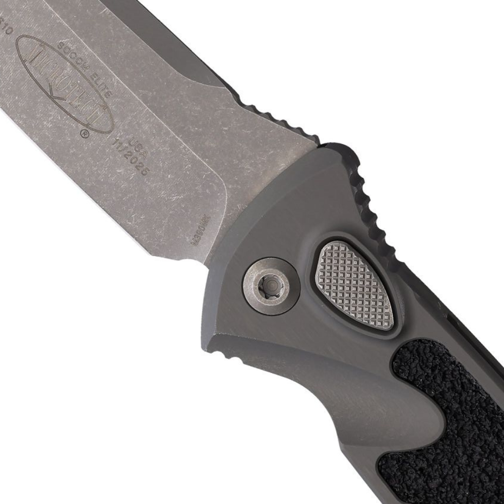Microtech Natural Clear Aluminum Socom Elite Auto Knife, Apocalyptic Tanto Blade, Close Up