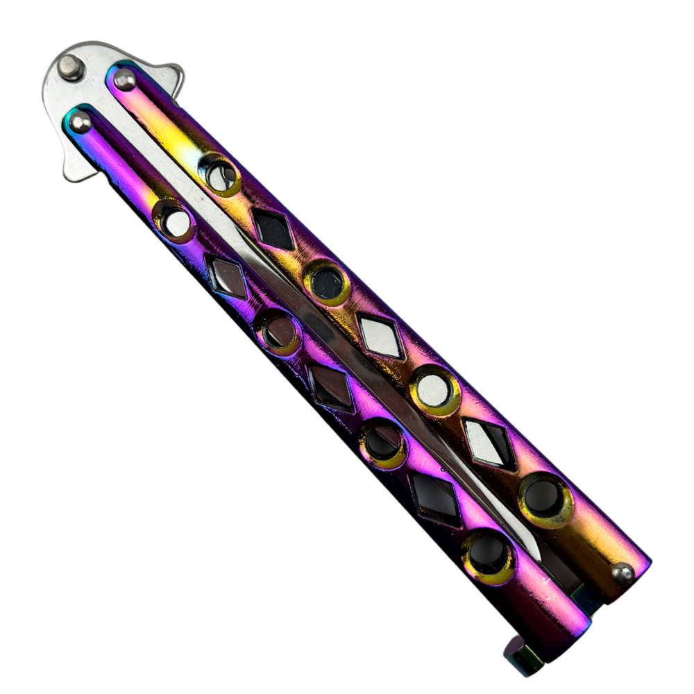 Discount Rainbow TiNi 7 Holes and Diamonds Butterfly Knife, Silver Clip Point Blade, Closed View