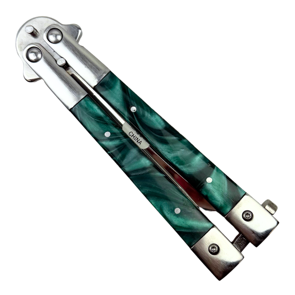 Green Pearlized Insert Butterfly Knife, Mirror Polished Drop Point Blade, Closed View