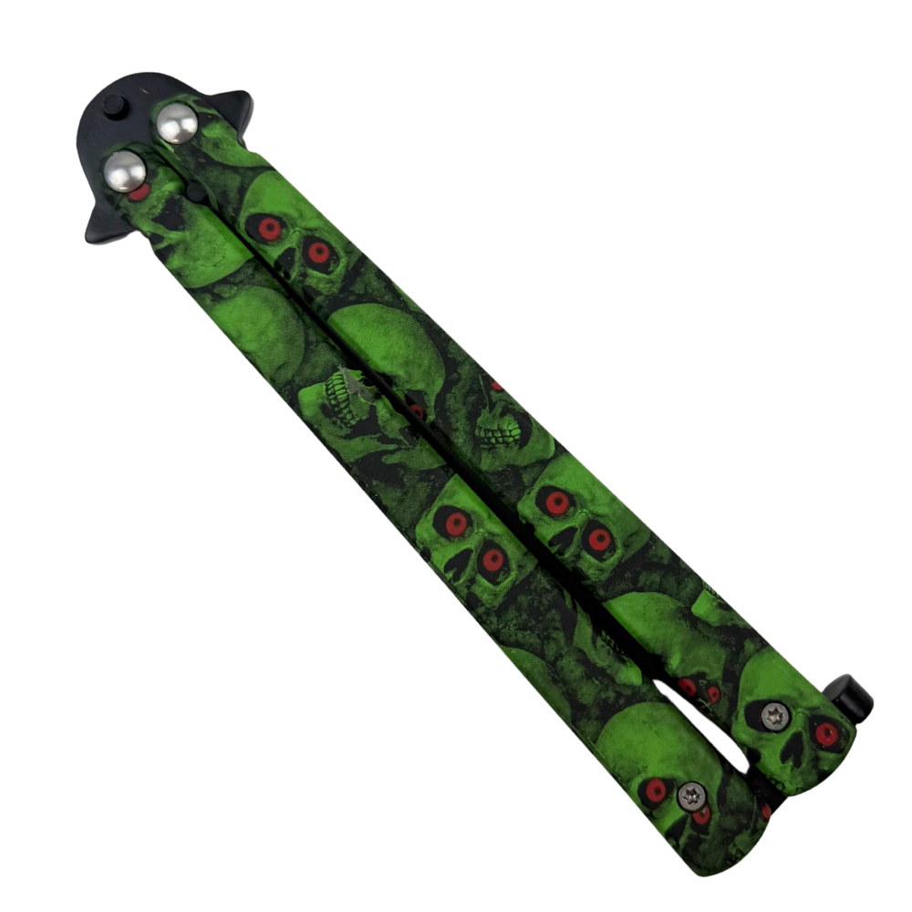 Smooth Scale Green Skull Butterfly Knife, Black Clip Point Blade, Closed View