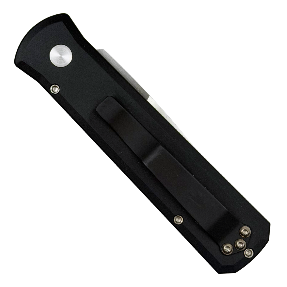 Pro-Tech Black Aluminum Mother of Pearl Button Godson Auto Knife, Satin Blade, Clip View