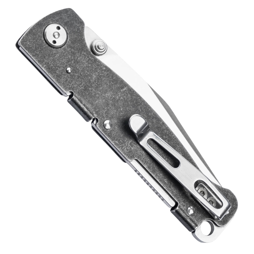 Boker Plus Black Stonewash Atlas Backlock Knife, Satin Clip Point TS Blade, Clip View