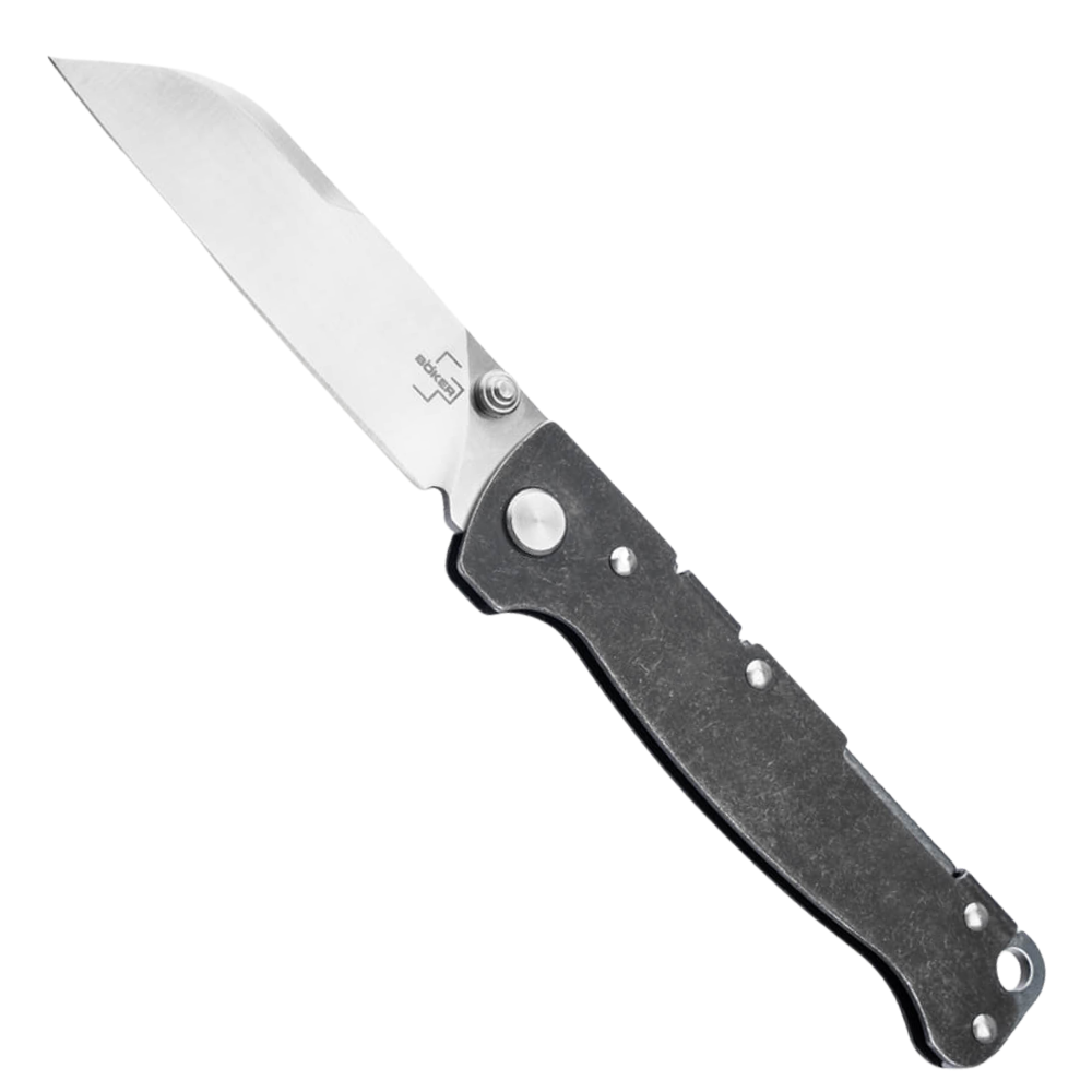 Boker Plus Black Stonewash Atlas Backlock Knife, Satin Sheepsfoot TS Blade