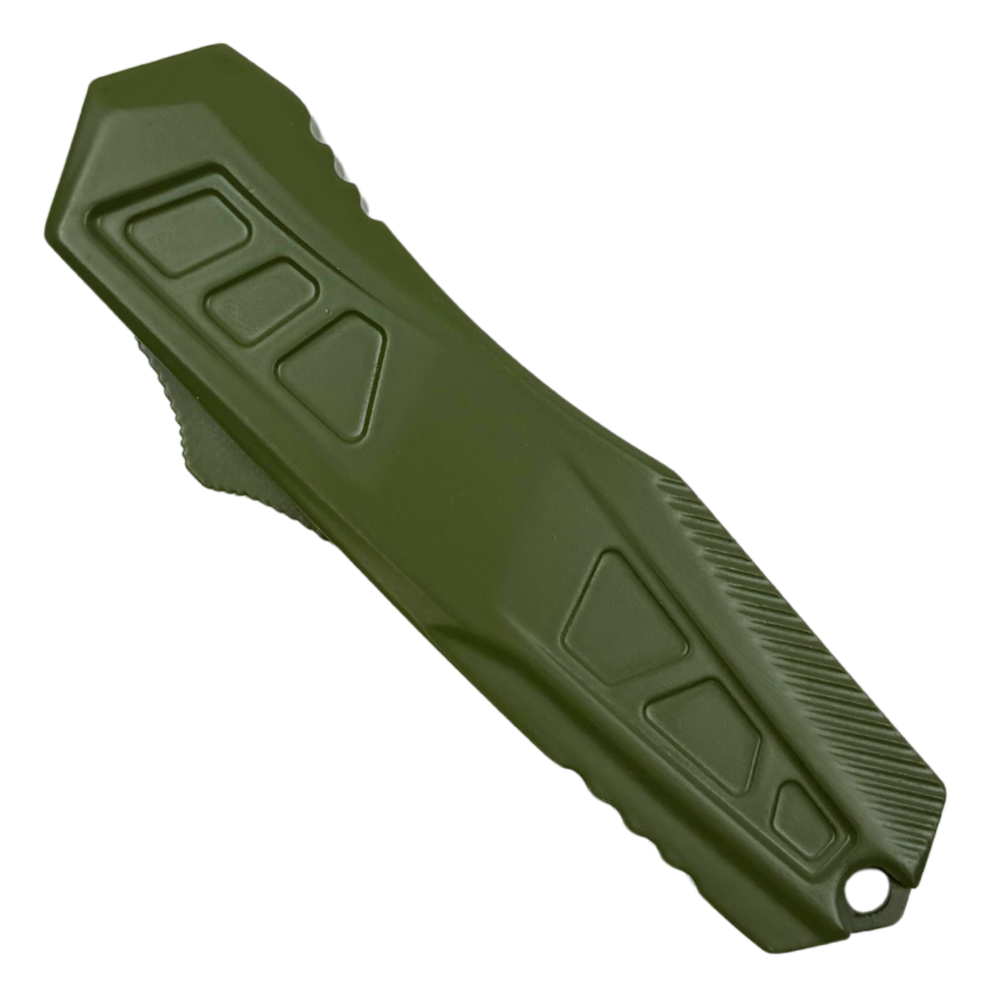 Cyborg OD Green OTF Knife, Satin D/E Dagger Blade, Closed View