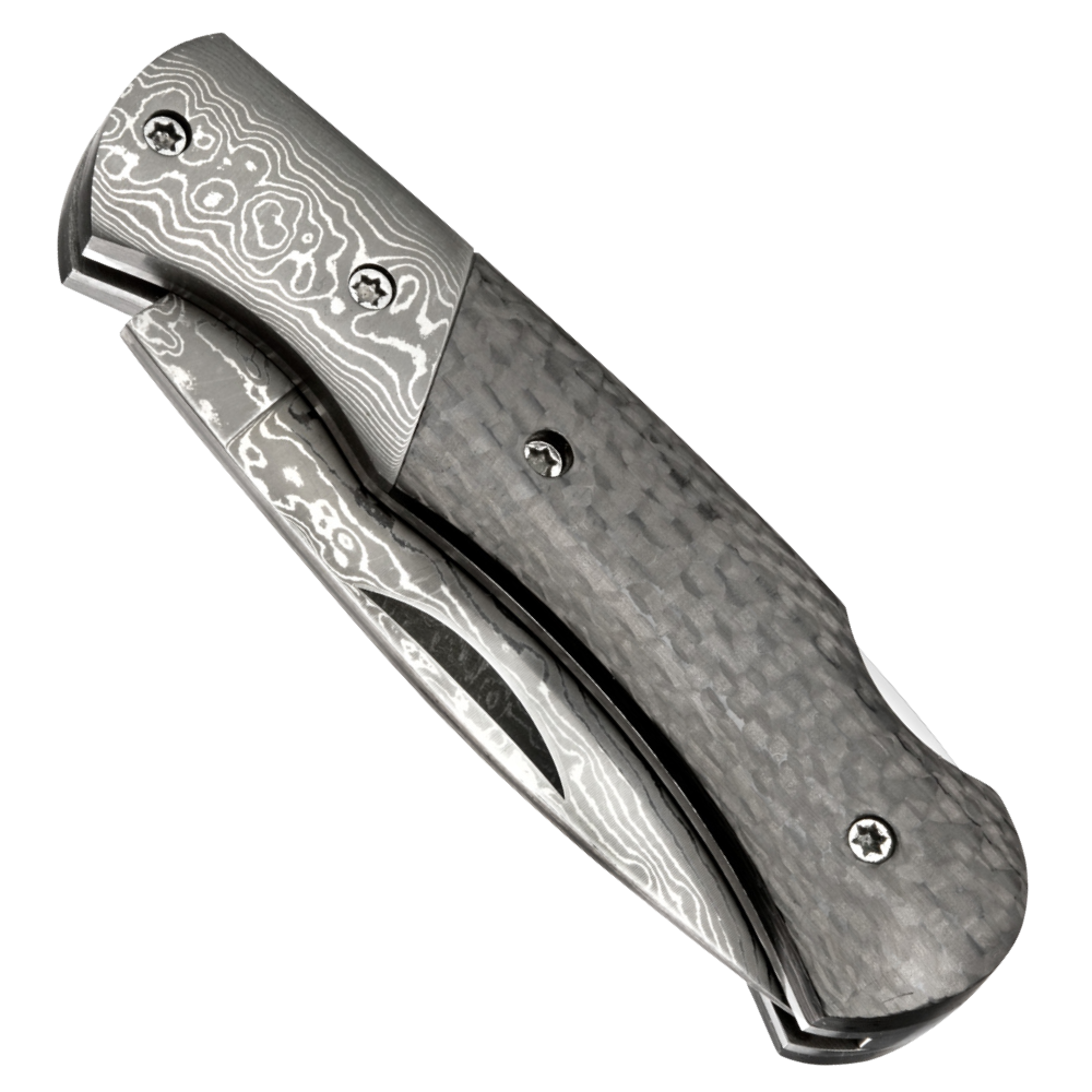 Boker Magnum DC Carbon Fiber and Damascus Lockback Knife, Damascus Drop Point Blade, Closed View