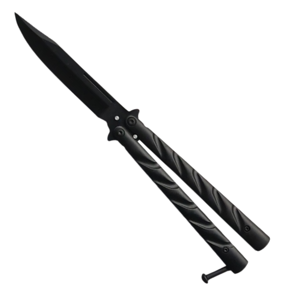 Black Textured Butterfly Knife, Clip Point Blade