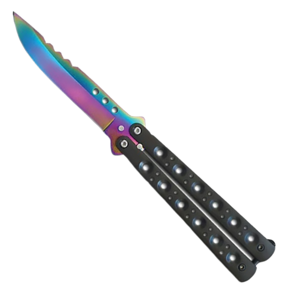 Classic Style Black 6 Hole Butterfly Knife, Rainbow Drop Point Blade