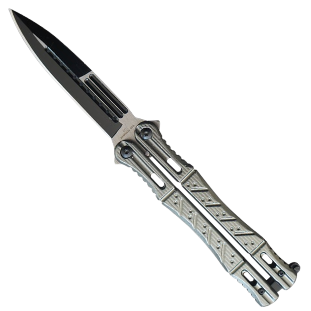 Tactical Gray Aluminum Butterfly Knife, Black Spear Point Blade