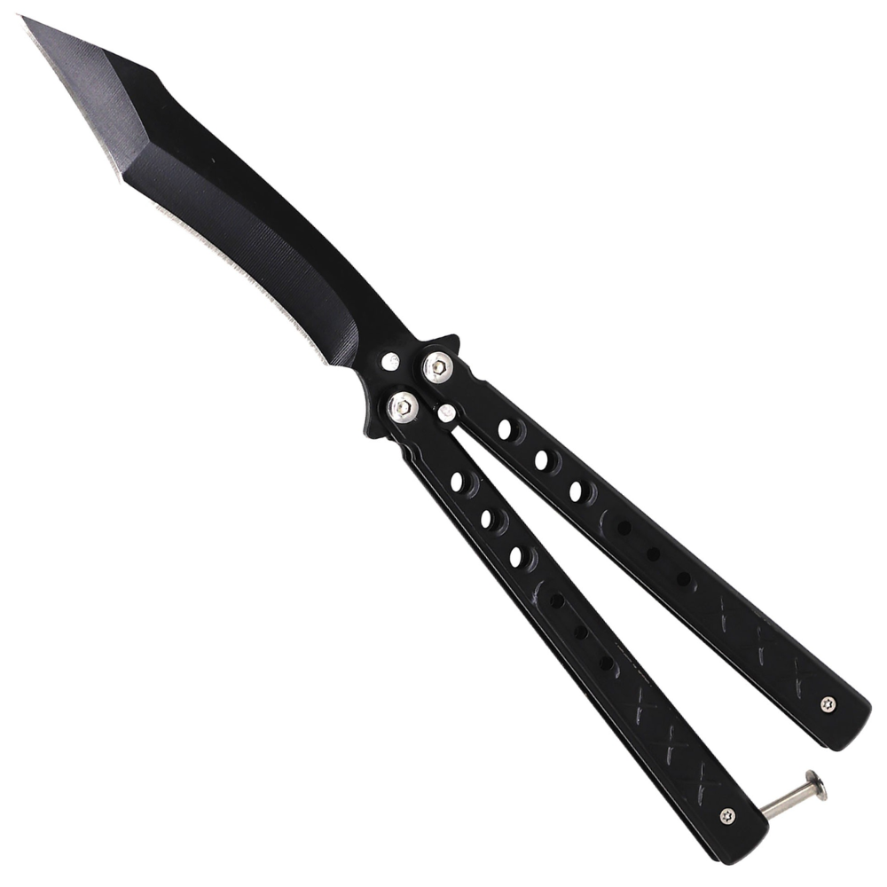 Shadow Lattice All-Black Butterfly Knife, Black Tanto Recurve Blade