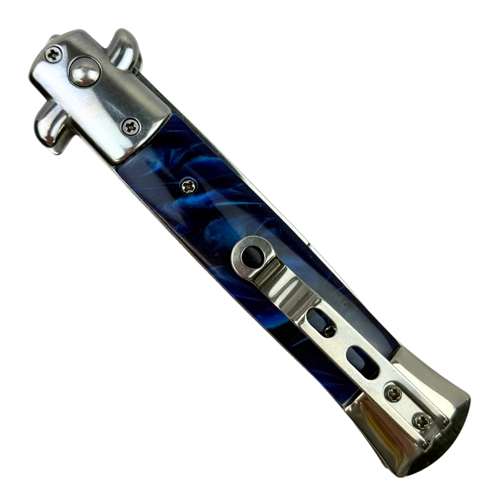 Godfather Blue Marble Automatic Knife, Satin Stiletto Blade, Clip View
