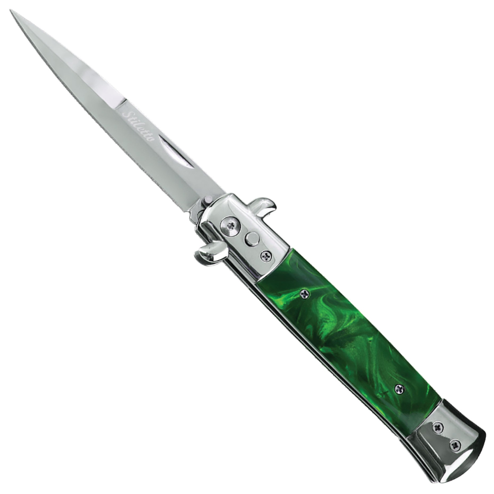 Godfather Green Marble Automatic Knife, Satin Stiletto Blade