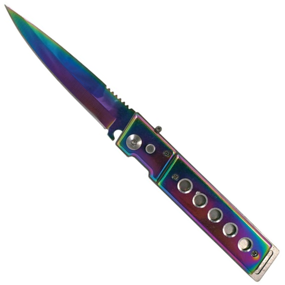 Parallelogram 5 Hole Tinite Rainbow Auto Knife, Tinite Rainbow Drop Point Blade