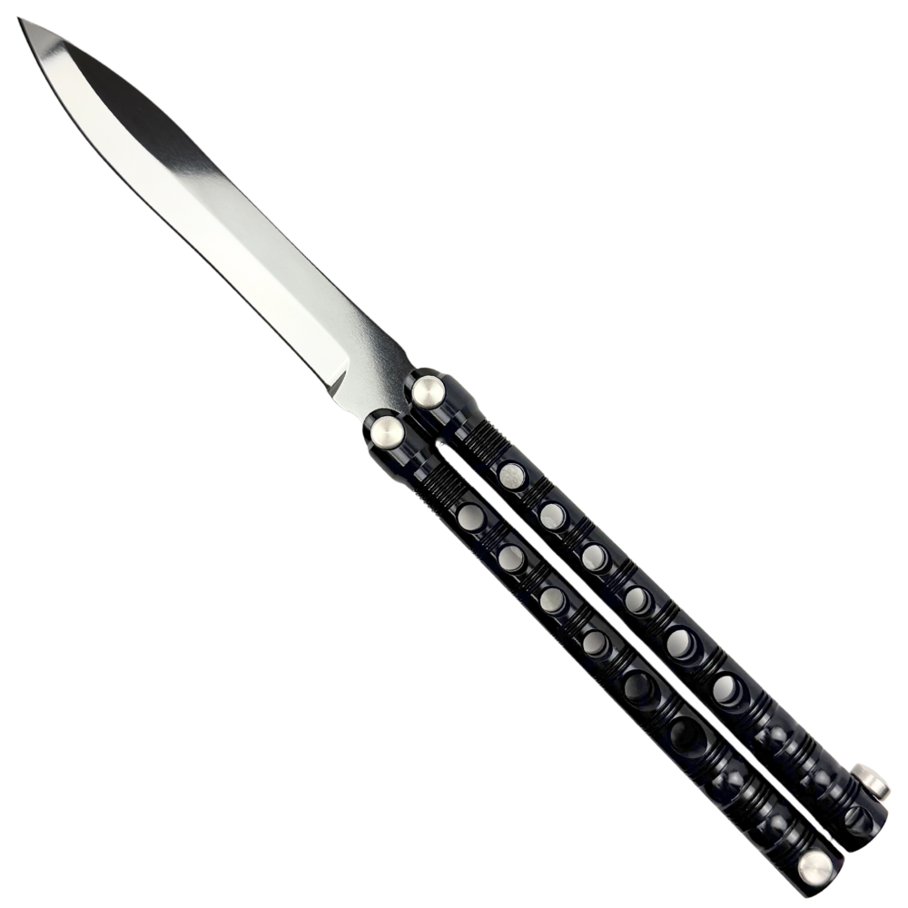 Piranha Swinger Black Aluminum Balisong, Mirror Spear Point Blade