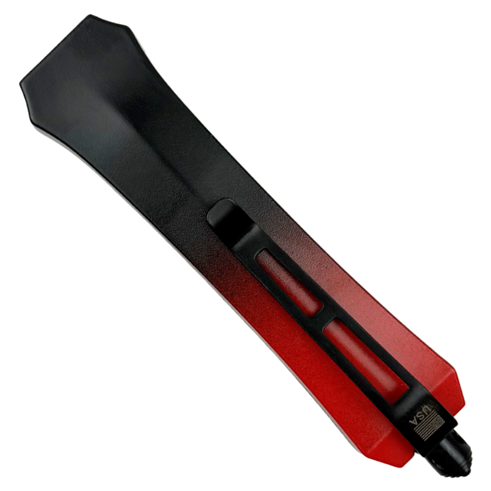 Ember Fade Front Switch Aluminum OTF Knife, Black Double Combo Edge Dagger Blade, Clip View