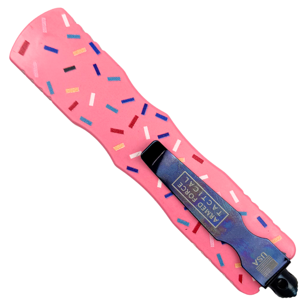 Sprinkle Storm Front Switch OTF Knife, Blue Dagger Blade, Clip View
