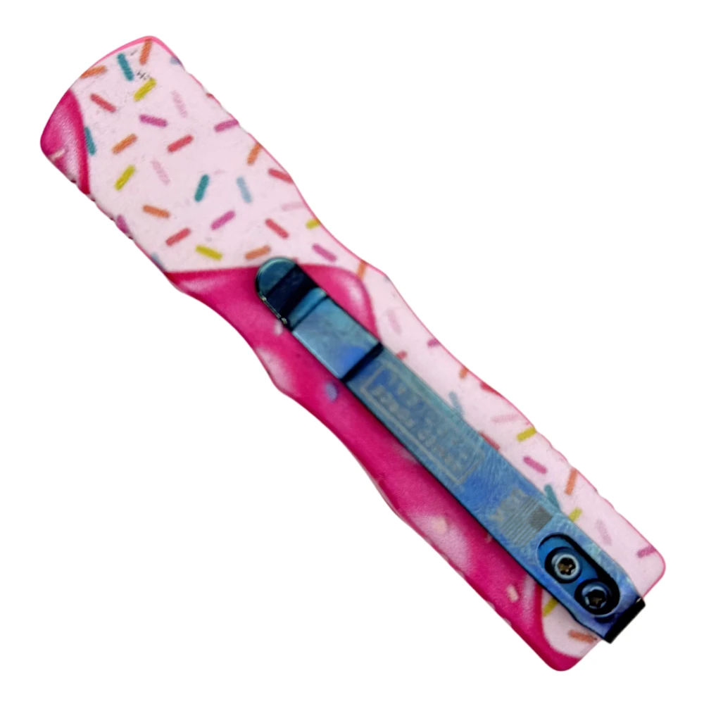 Sprinkle Snap Mini Front Switch OTF Knife, Blue Dagger Blade, Clip View