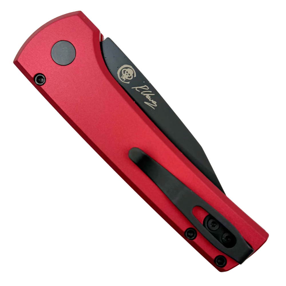 Pro-Tech Red Aluminum Chavez Scapegoat Compact Automatic Knife, DLC MagnaMax Clip Point Blade, Clip View