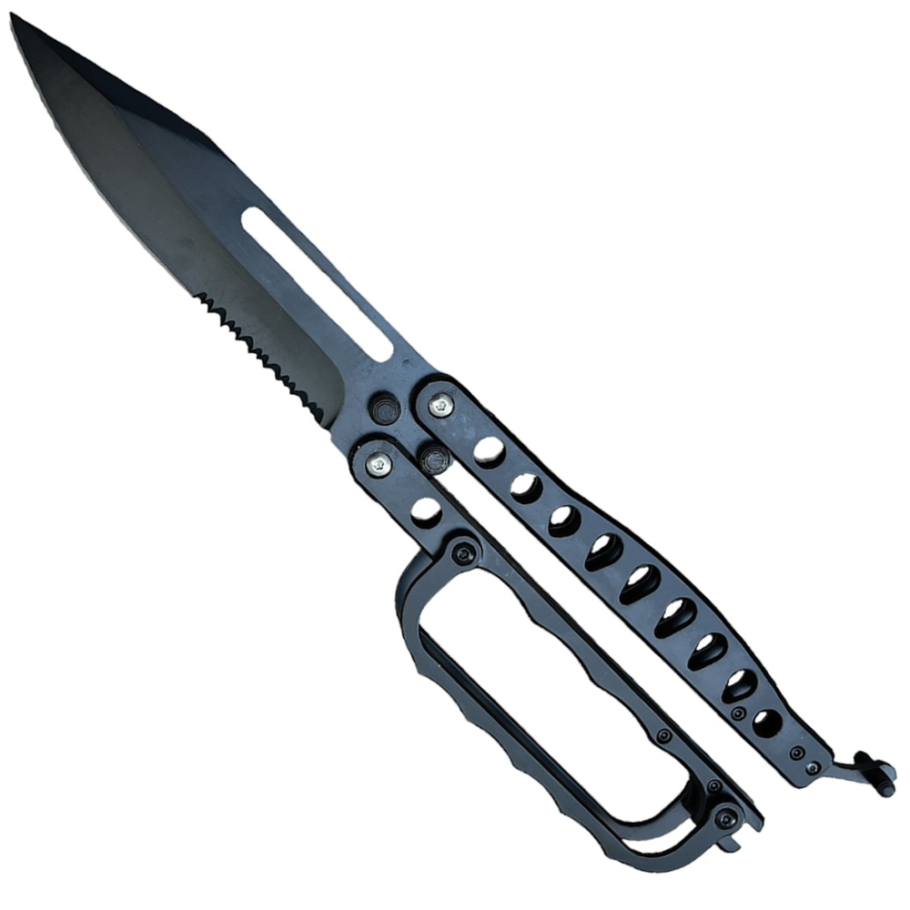 Handguard Safe-Flip Matte Black Butterfly Knife, Black Blade