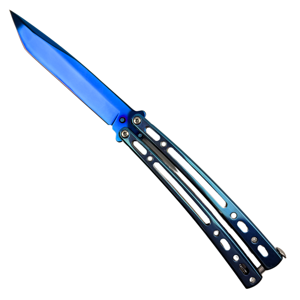 Blue Skeletonized BFK Butterfly Knife, Blue Tinite Tanto Blade