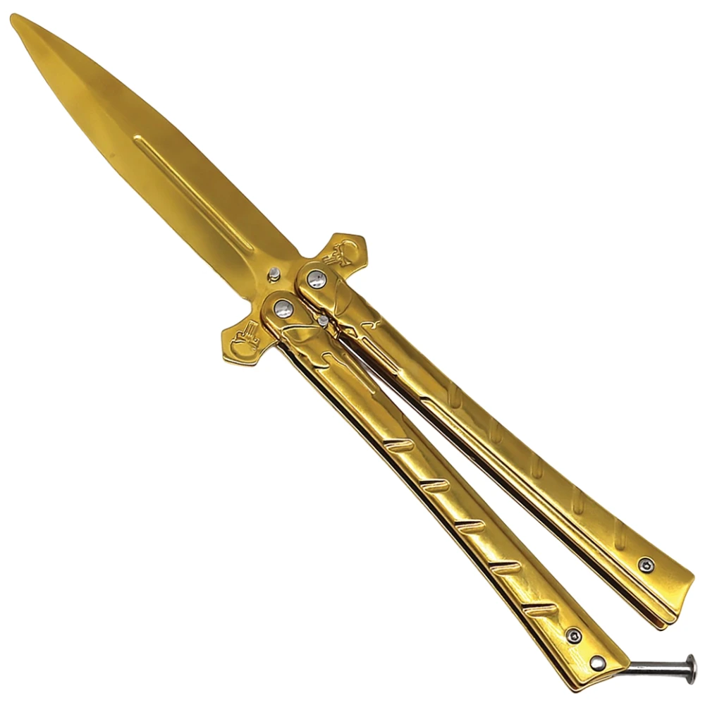 Cross Spear Balanced Gold Butterfly Training Knife, Gold Spear Point Trainer Blade
