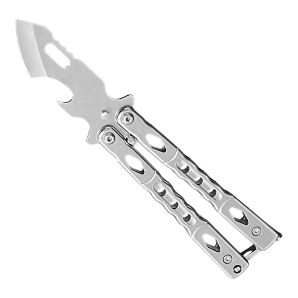 Pivot-Pop Dual-Use Silver Butterfly Knife, Silver Blade