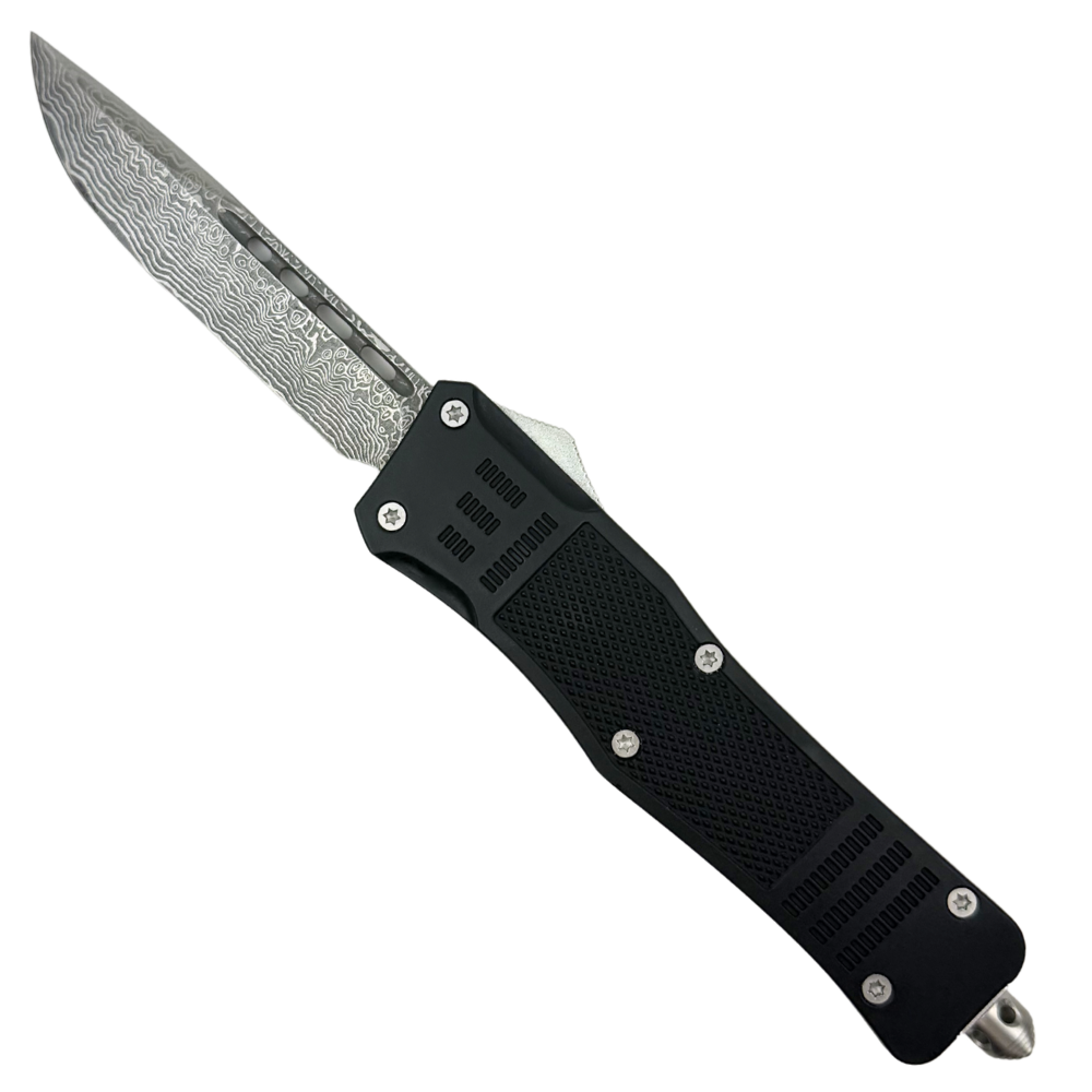 Damascus Contrast Large OTF Auto Knife, Drop Point Laser Etched Blade