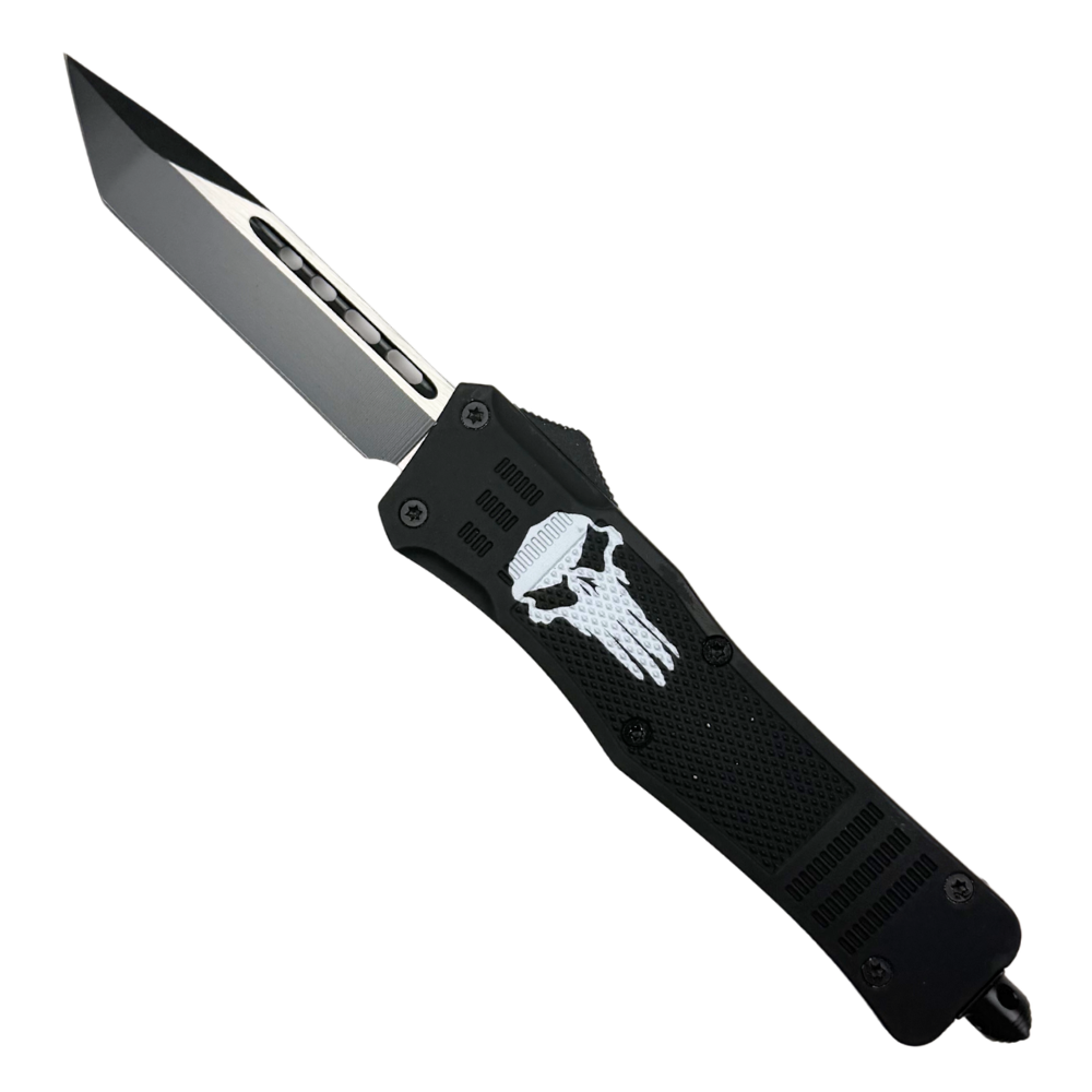 Punisher Skull Black Large OTF Auto Knife, Black Tanto Blade