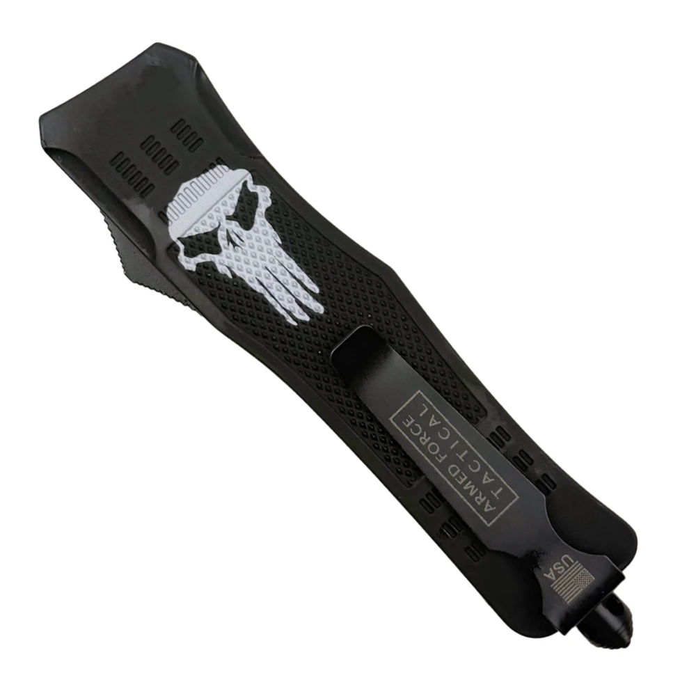 Punisher Skull Black Large OTF Auto Knife, Black Tanto Blade, Clip View
