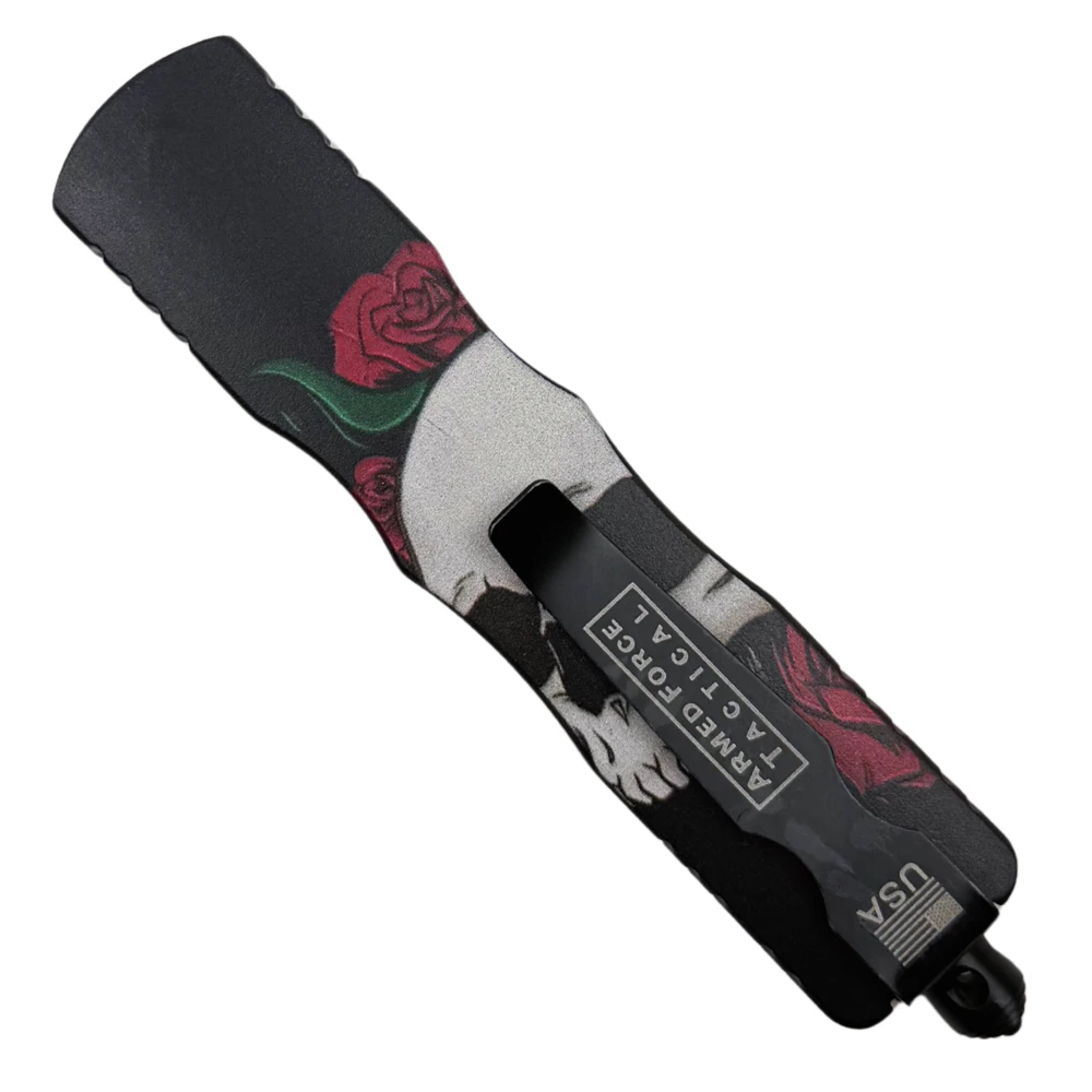 Skull Force Matte Black OTF Auto Knife, Black Dagger Blade, Clip View