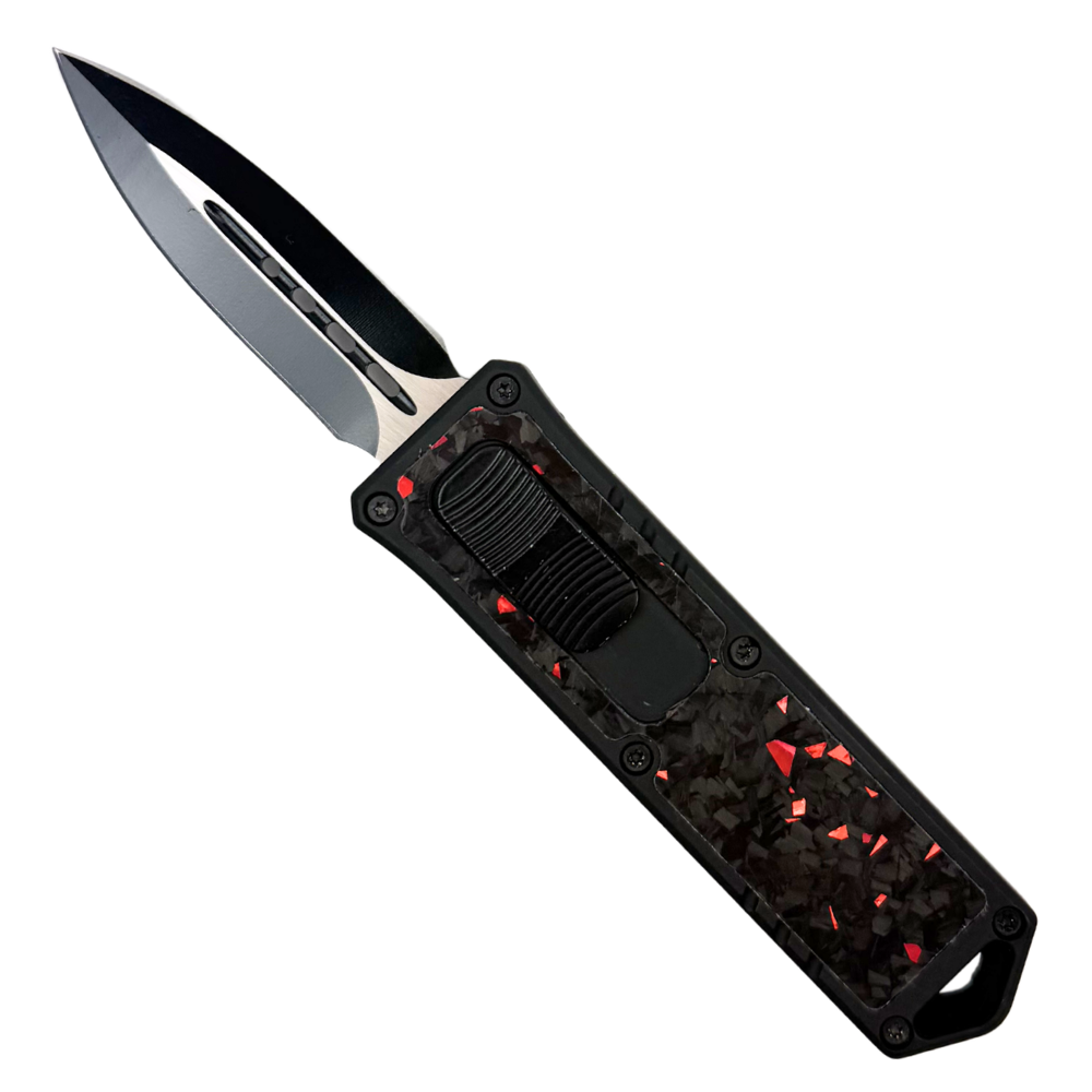 Compact Commando Stubby Red Marbled Carbon Fiber OTF Auto Knife, Black and Satin Dagger Blade