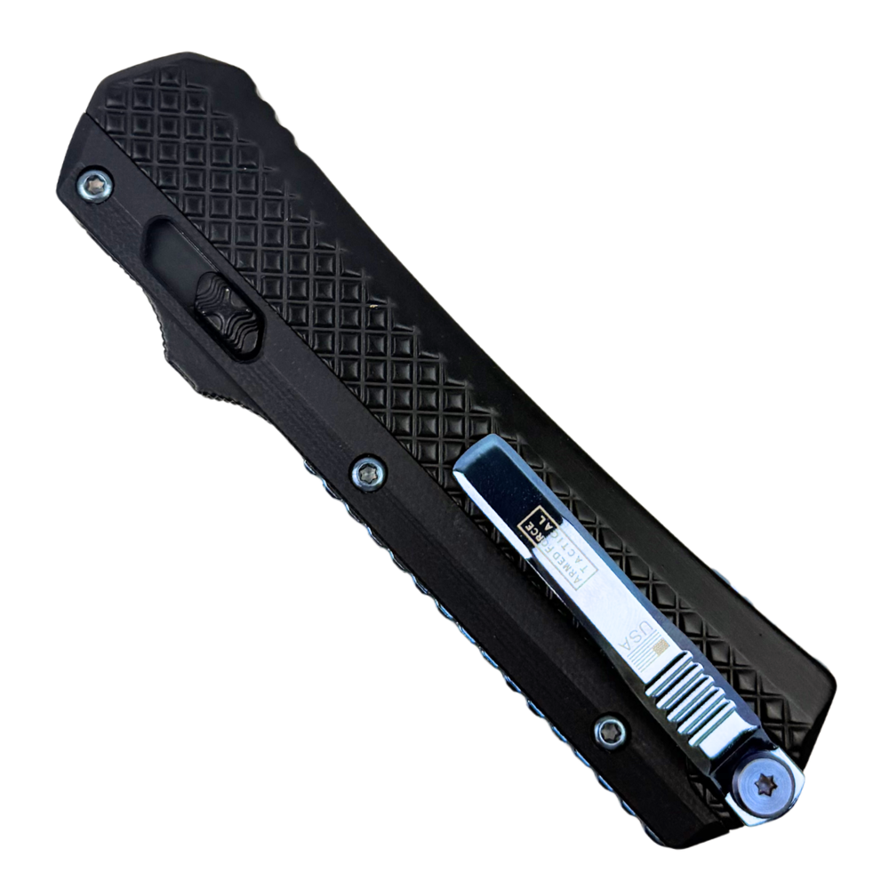 Stealth Dagger Black/Blue G10 OTF Knife, Black Dagger Style Blade, Clip View