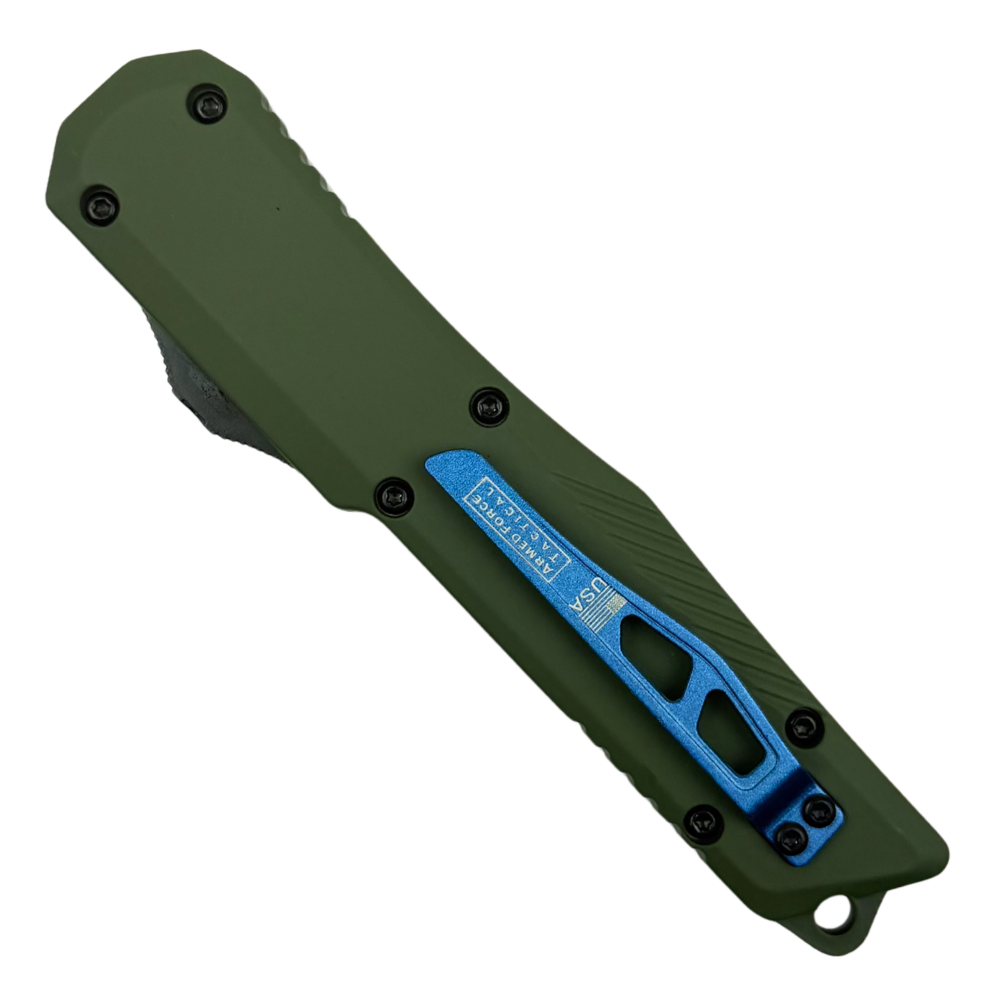 Stealth Guardian Green Aluminum Carbon Fiber Inlay OTF Auto Knife, Black Tanto Blade, Clip View