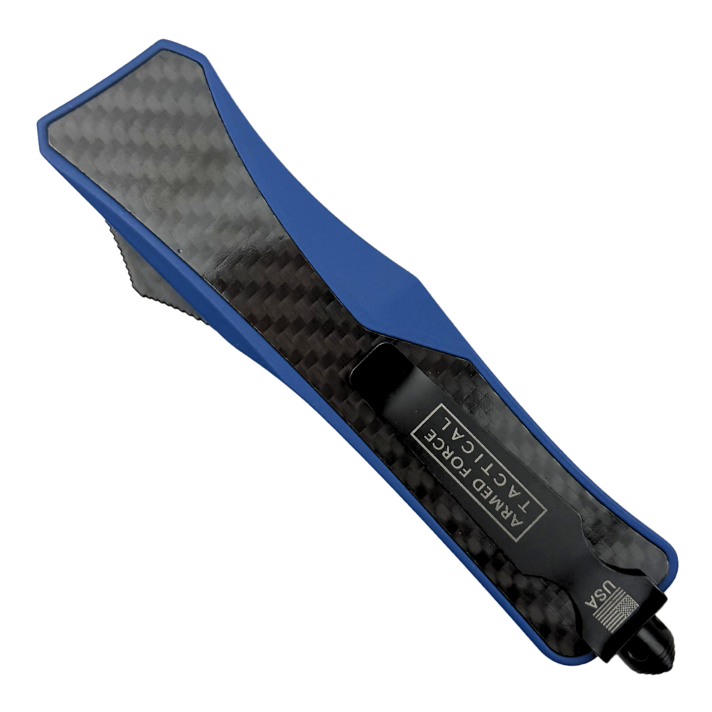RapidStrike Large Blue Carbon Fiber OTF Knife, Black Tanto Blade, Clip View