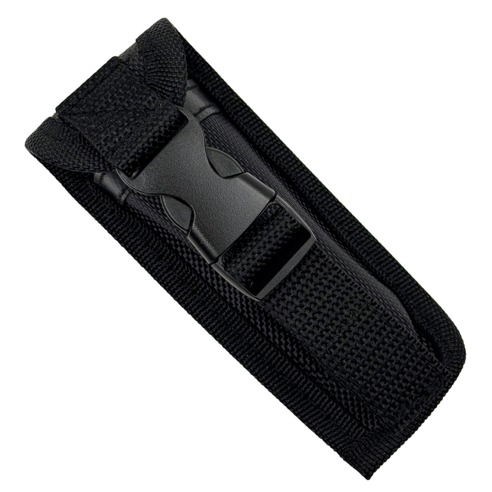 RapidStrike Small Black Carbon Fiber OTF Knife, Black Tanto Blade, Sheath View