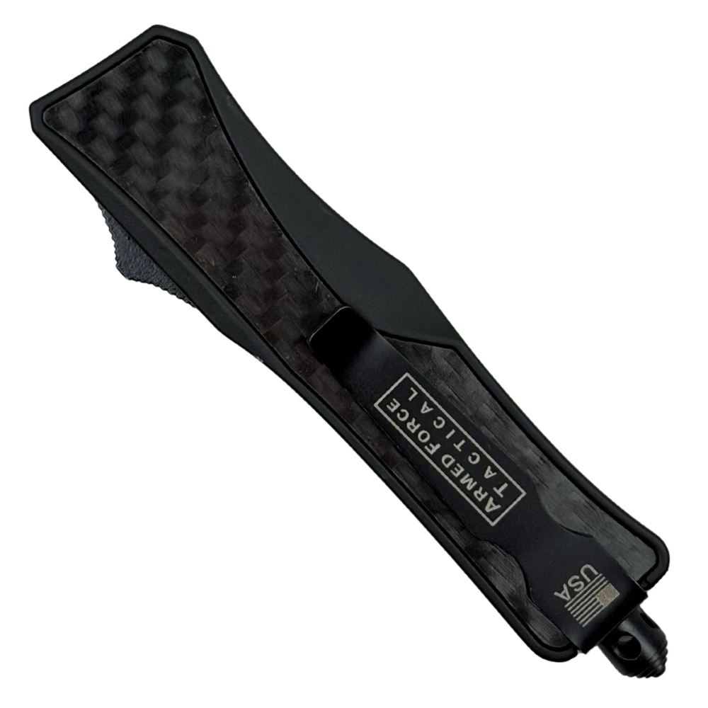 RapidStrike Small Black Carbon Fiber OTF Knife, Black Tanto Blade, Clip View