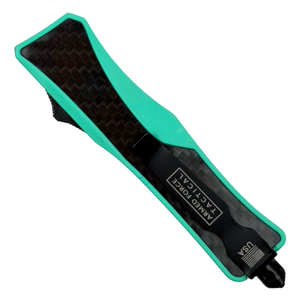 RapidStrike Small Aqua Carbon Fiber OTF Knife, Black Dagger Blade, Clip View
