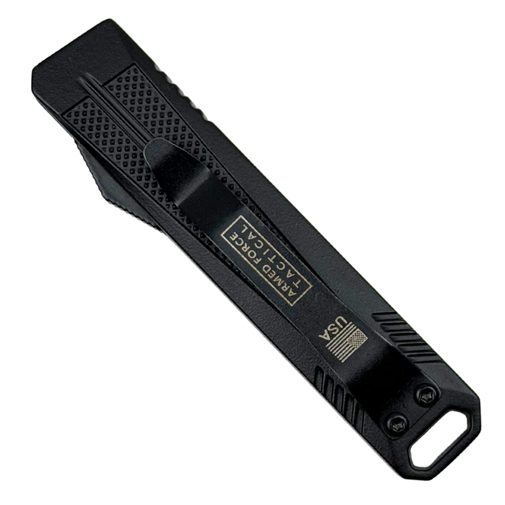 Stealth Grid Black Micro OTF Auto Knife, Black Dagger Blade, Clip View