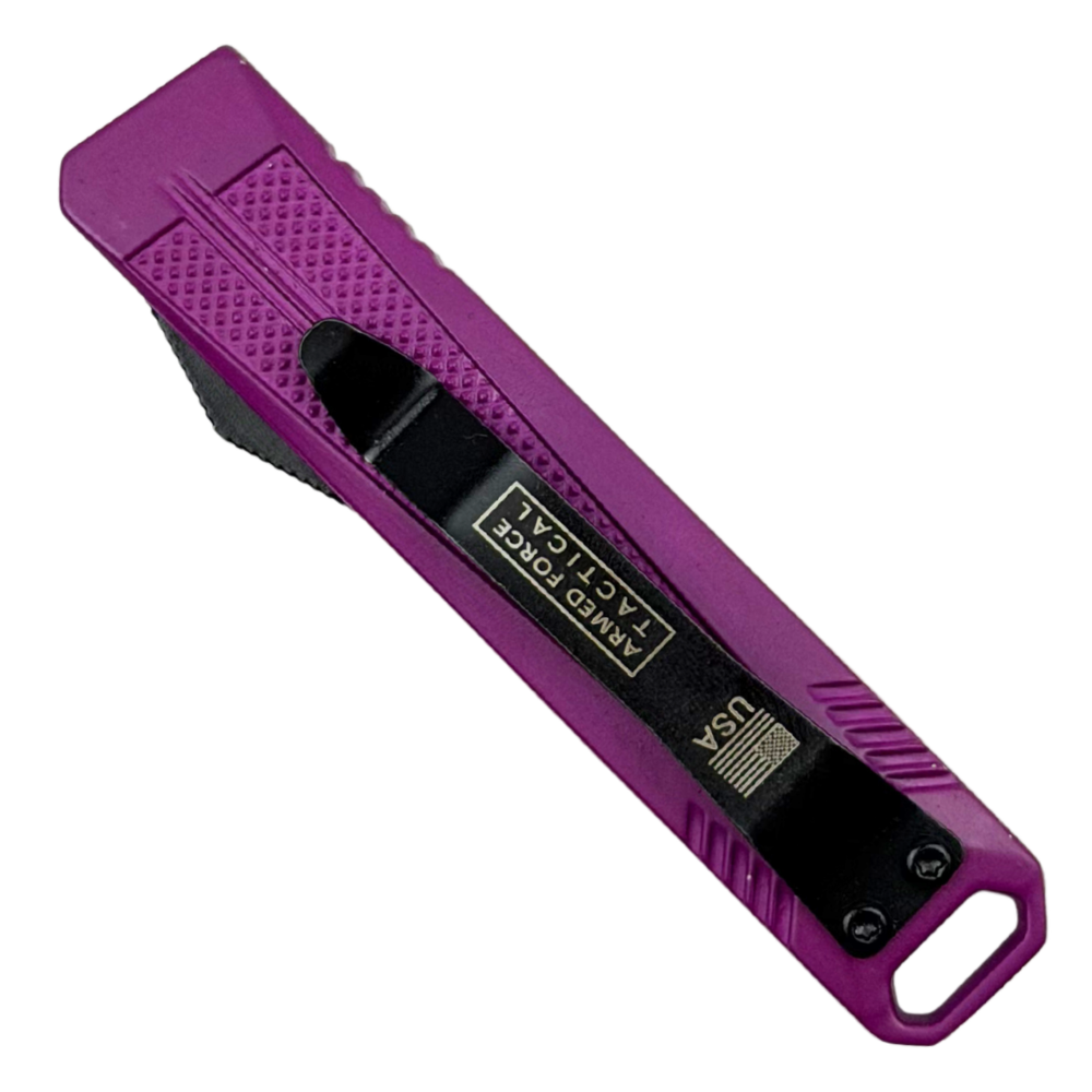 Stealth Grid Violet Micro OTF Auto Knife, Black Dagger Blade, Clip View