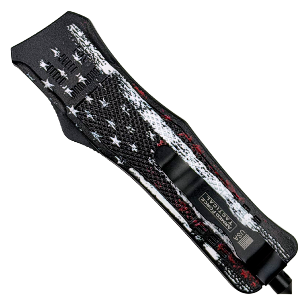 Prime Black ABS Field-Weathered Patriot OTF Auto Knife, Black Dagger Blade, Clip View