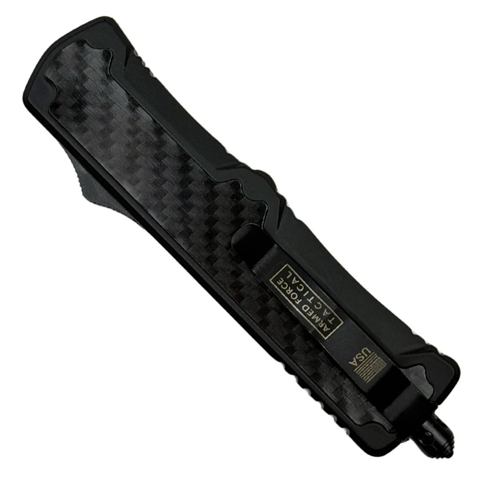 Stealth Weave Black Carbon Fiber Inlay OTF Knife, Black Dagger Blade, Clip View