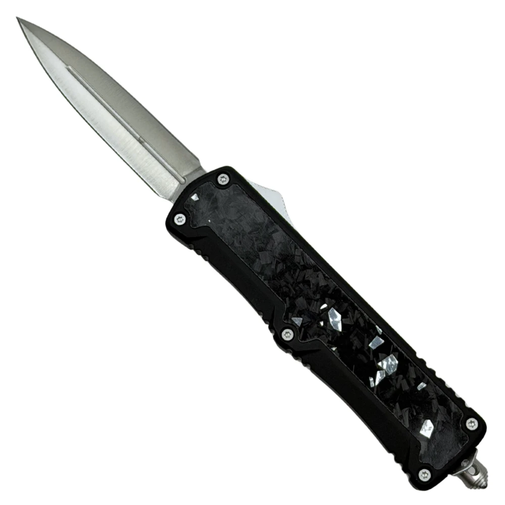Forged Weave Marbled Carbon Fiber Inlay OTF Knife, Black Dagger Blade