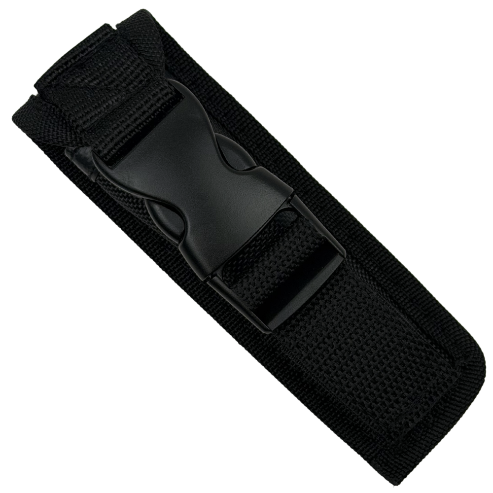 In-and-Out Black Carbon Fiber Weave OTF Knife, Black D/E Dagger Blade, Sheath View
