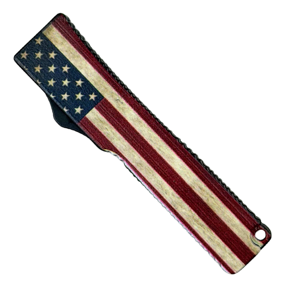Stars & Stripes Micro OTF, Two-Tone Spear Point Blade, Closed View