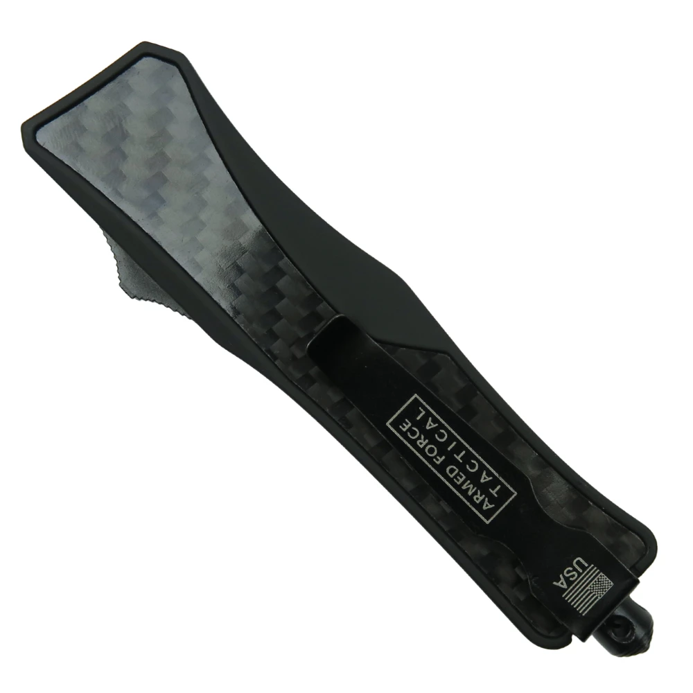RapidStrike Small Black Carbon Fiber OTF Knife, Black Dagger Blade, Clip View