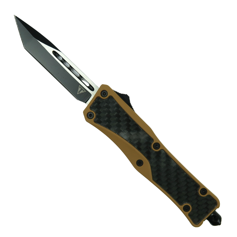 RapidStrike Small Desert Tan Carbon Fiber OTF Knife, Black Tanto Blade