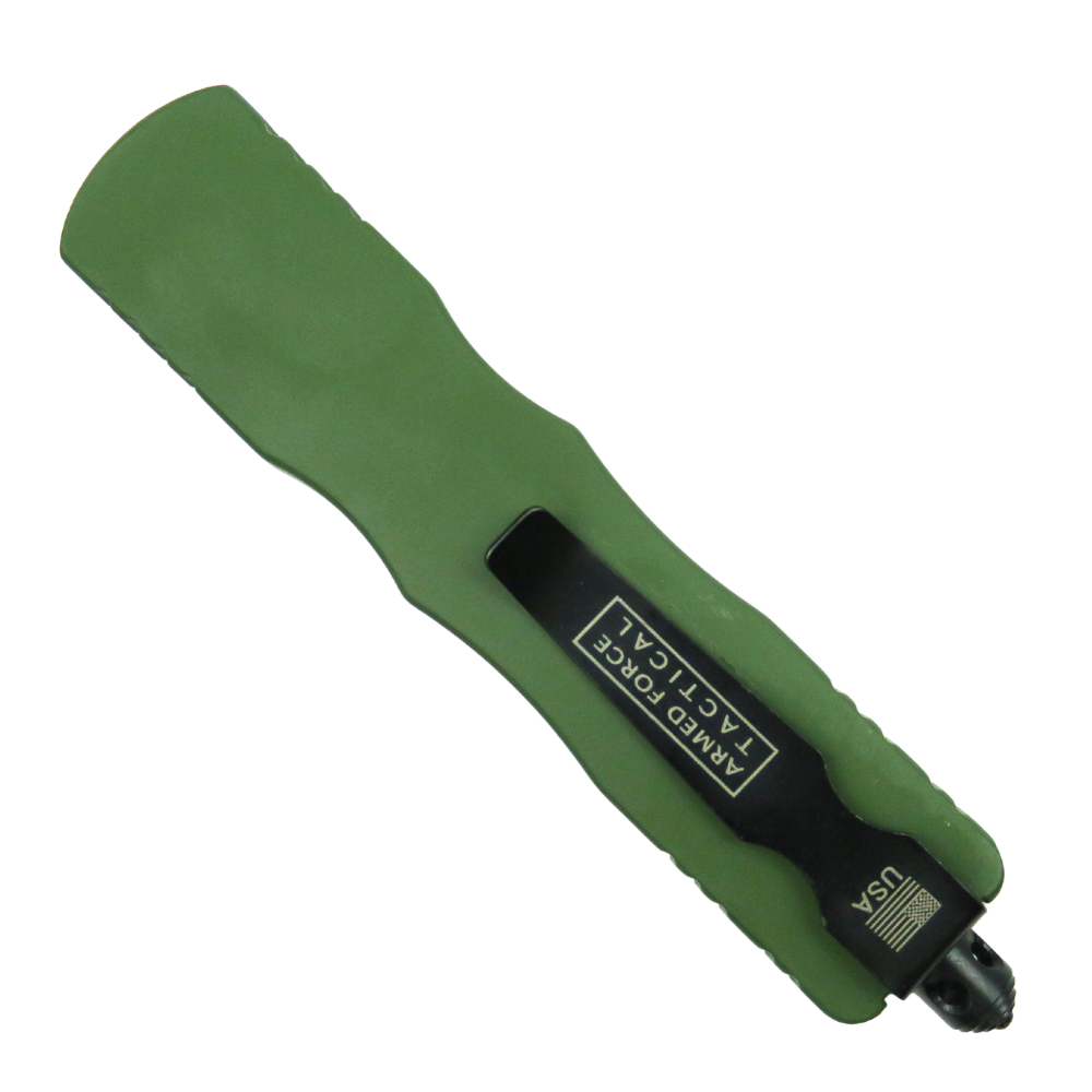 Field-Slide OD Green EasyGrip Front Switch OTF Knife, Black Dagger Blade, Clip View