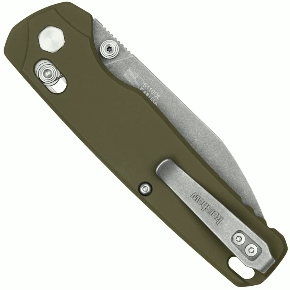 Kershaw Bel Air XL Olive Green Aluminum DuraLock Knife, CPM-3V Stonewash Blade, Clip View