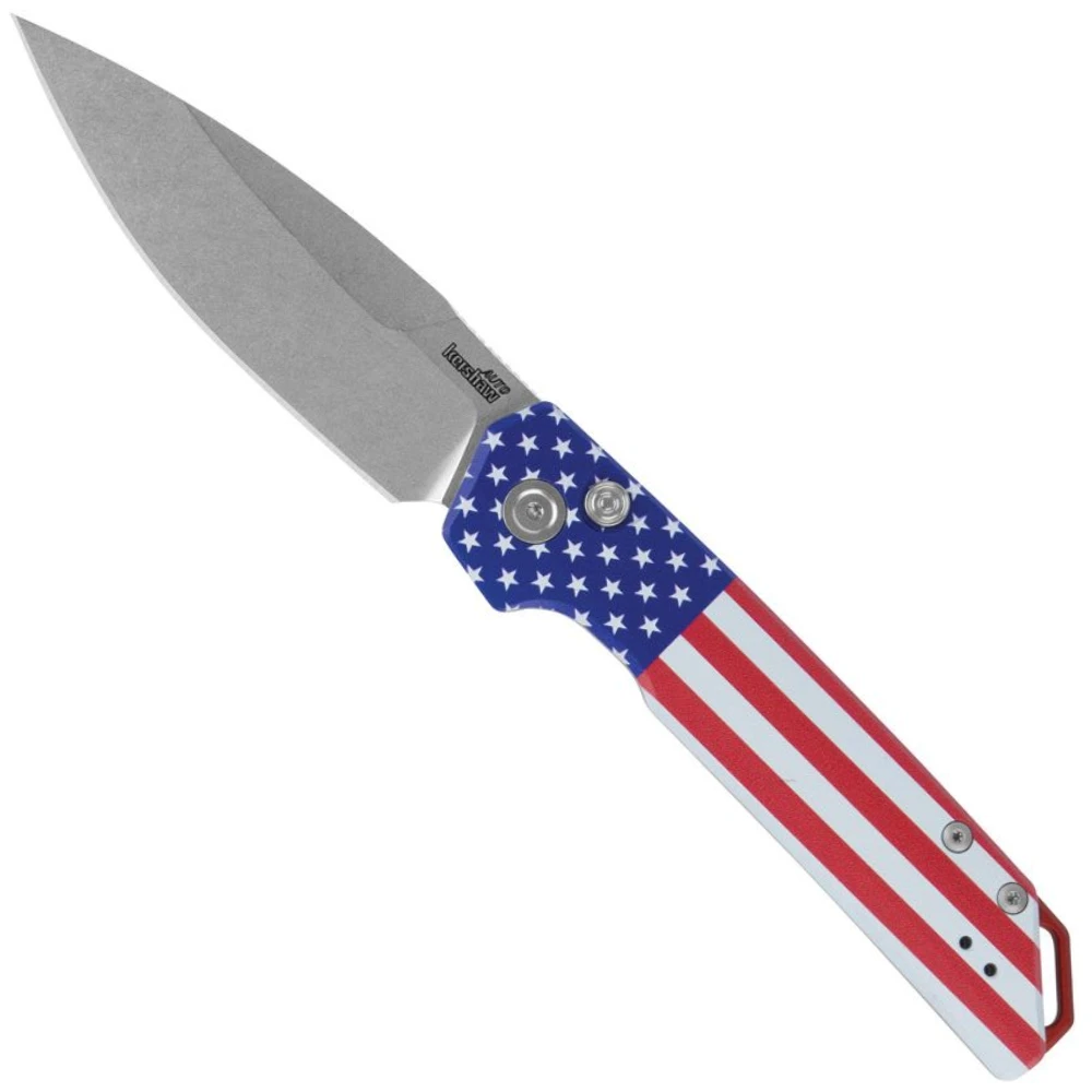 Kershaw USA Flag Aluminum Launch Iridium Auto Knife, Stonewash Spear Point Blade