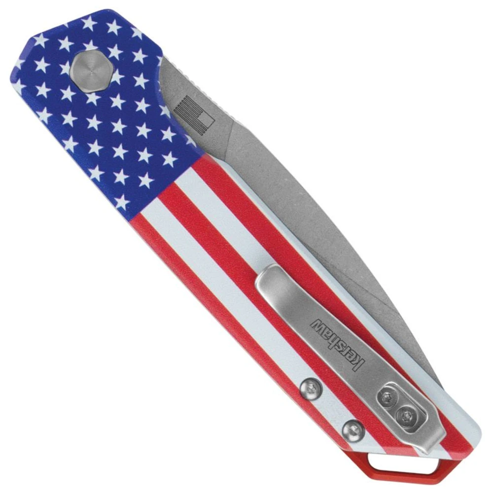 Kershaw USA Flag Aluminum Launch Iridium Auto Knife, Stonewash Spear Point Blade, Clip View