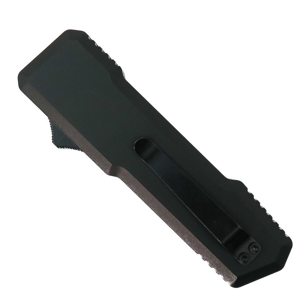 SOS Knives Ride the Wave Black OTF Knife, Satin Drop Point Blade, Clip View